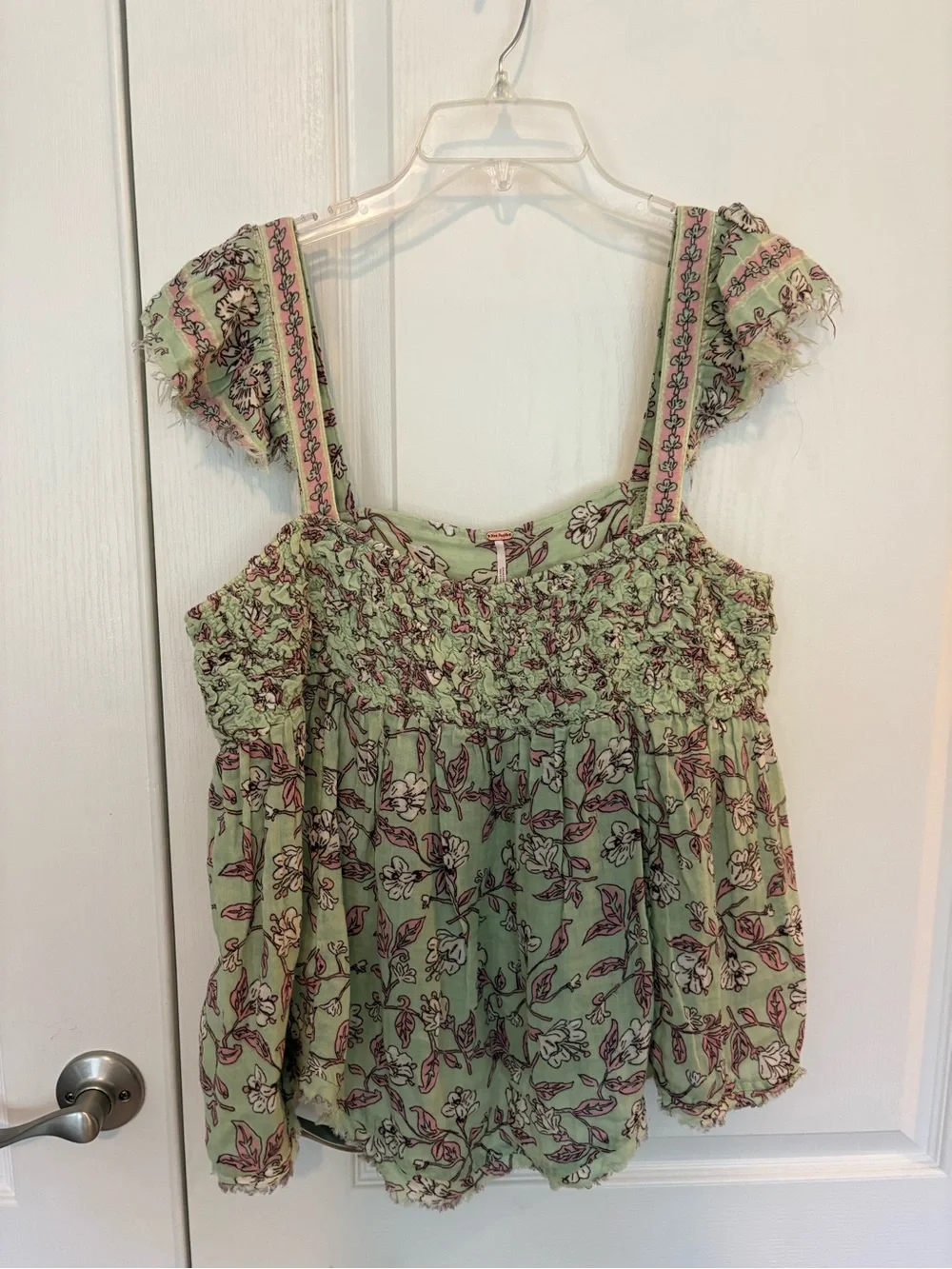 Free People Sage Green Floral Smocked Square-Neck Top